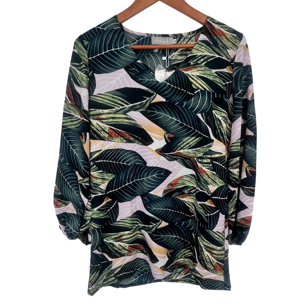 NWT‎ Belongsci Dress Womens Medium Green Tropical Leaf Print Resortwear Cruise